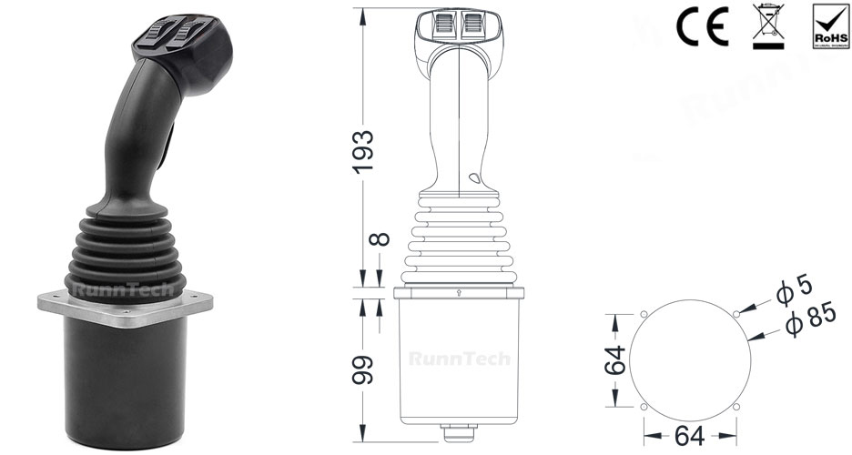 RunnTech 2-axis Industrial Joystick with 2 Proportional Hall Sensor Thumbwheel Controller