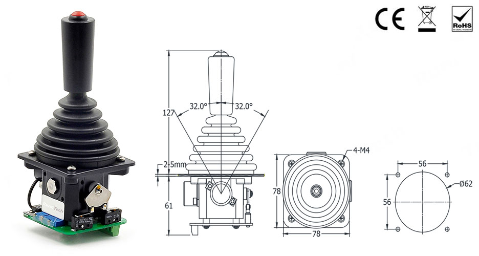 RunnTech 2 Axis Joystick Controller with 4...12...20mA Analog Output for Mining Equipment