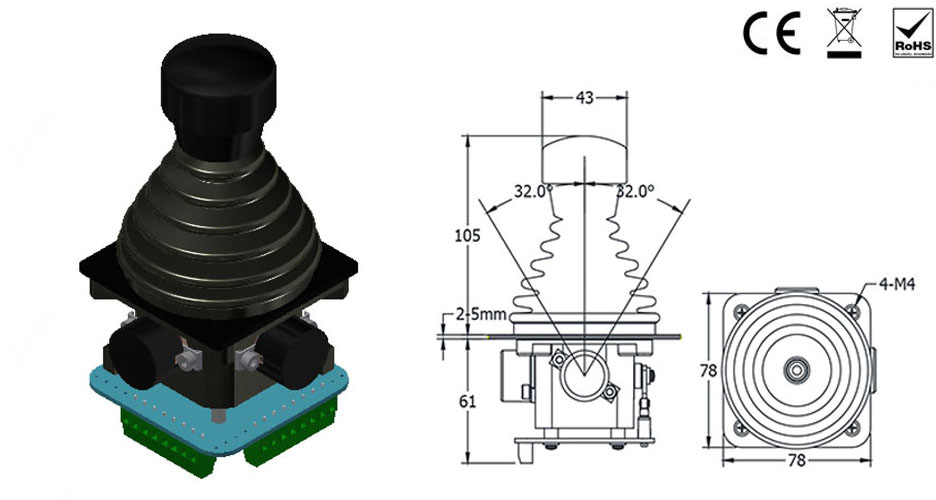 RunnTech 2 Axis Spring-return with Center-lock Joystick 4...20mA Output for Cabe Laying System