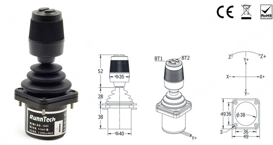 RunnTech 3 Axis Hall Effect Joystick Omnidirectional Control with 0.5 to 4.5V Analog Output
