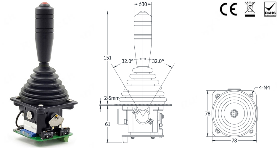 RunnTech Single Axis Industrial Joystick Controller 4...20mA Output with 2 Directional Switches