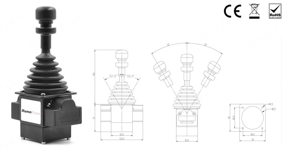 RunnTech Single Axis 4 to 20mA Analog Output Industrial Joystick for Shipyard Yacht Control