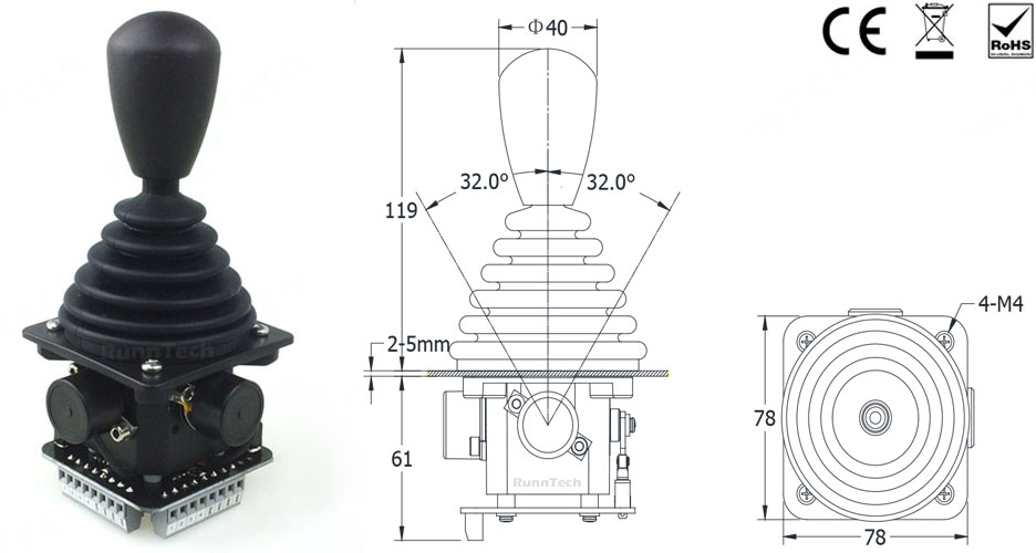 RunnTech Single Axis Friction Drive Joystick with 10k Ohm Potentiometer for Control Winch