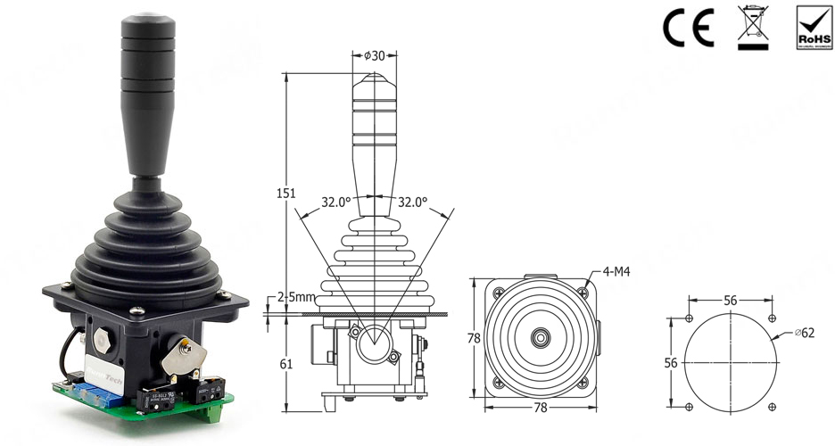 RunnTech Single Axis Industrial Joystick Controller 4...20mA Current (Amperes) Output Winch Control